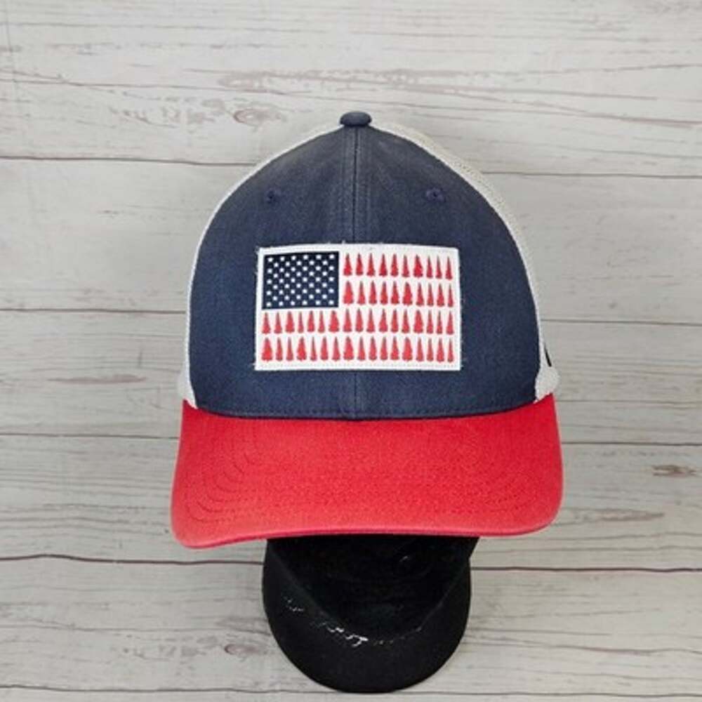 Columbia Trucker Hat Men's S/M Flexfit American Flag Tree Navy Red White Cap